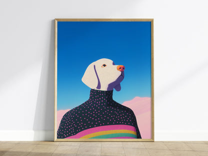 Rainbow Dog Sweater Poster | Kids Art Print — framed print on the wall