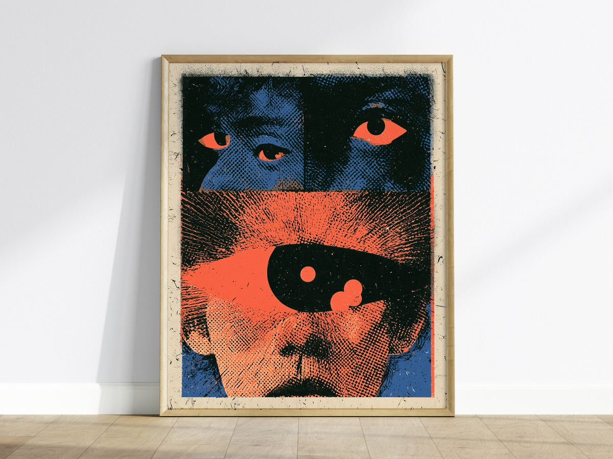 Two Faces Watching Poster | Coral and Teal Screen Print Art Print | Alternative Wall Art — framed print on the wall