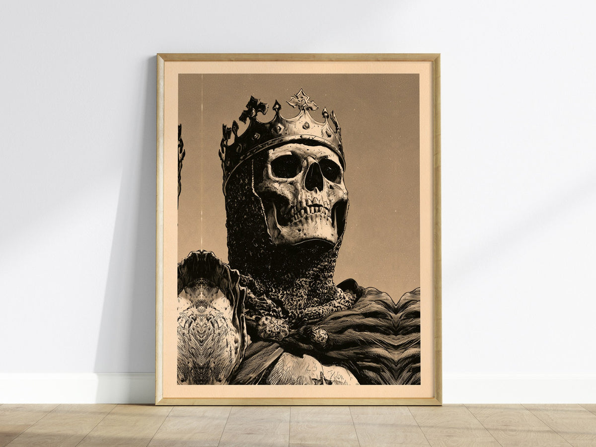 Dead King Reigns Poster | Red and Sepia Pen and Ink Art Print | Dark Fantasy Wall Art — framed print on the wall