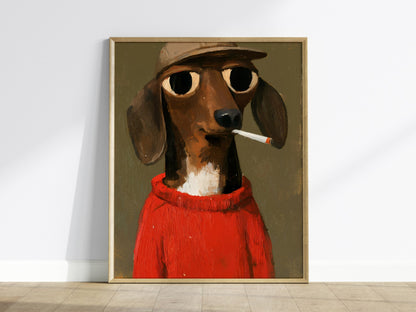 Dachshund In Red Poster | Red and Olive Oil Painting Art Print | Folk Art Wall Art — framed print on the wall