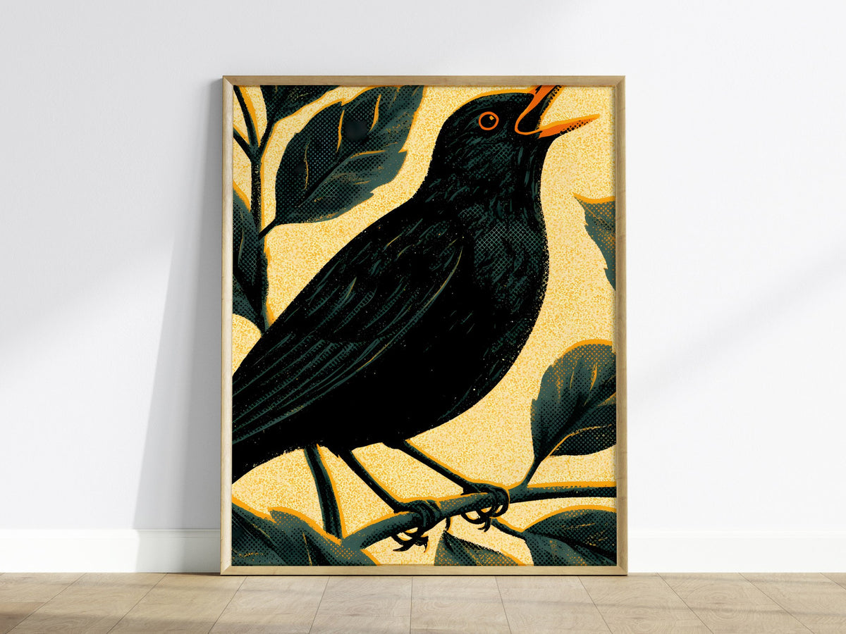 Blackbird in Gold Poster | Gold and Black Screen Print Art Print | British Garden Wall Art — framed print on the wall