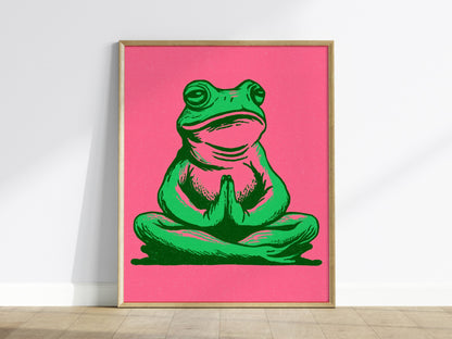 Toad Finds Peace Poster | Green and Pink Illustrative Art Print | Meditation Wall Art — framed print on the wall