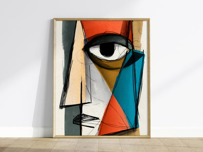 Fractured Gaze Poster | Teal and Burnt Illustrative Art Print | Modern Art Collectors Wall Art — framed print on the wall