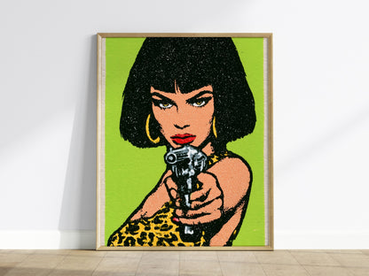 She Means Business Poster | Lime and Yellow Screen Print Art Print | Bold Maximalist Wall Art — framed print on the wall