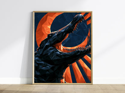 Gator Owns Crescent Poster | Orange and Navy Low Poly Art Print | Dark Fantasy Wall Art — framed print on the wall