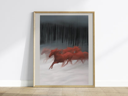 Red Horses Run Poster | Red and Black Watercolor Art Print | Dark Fantasy Wall Art — framed print on the wall