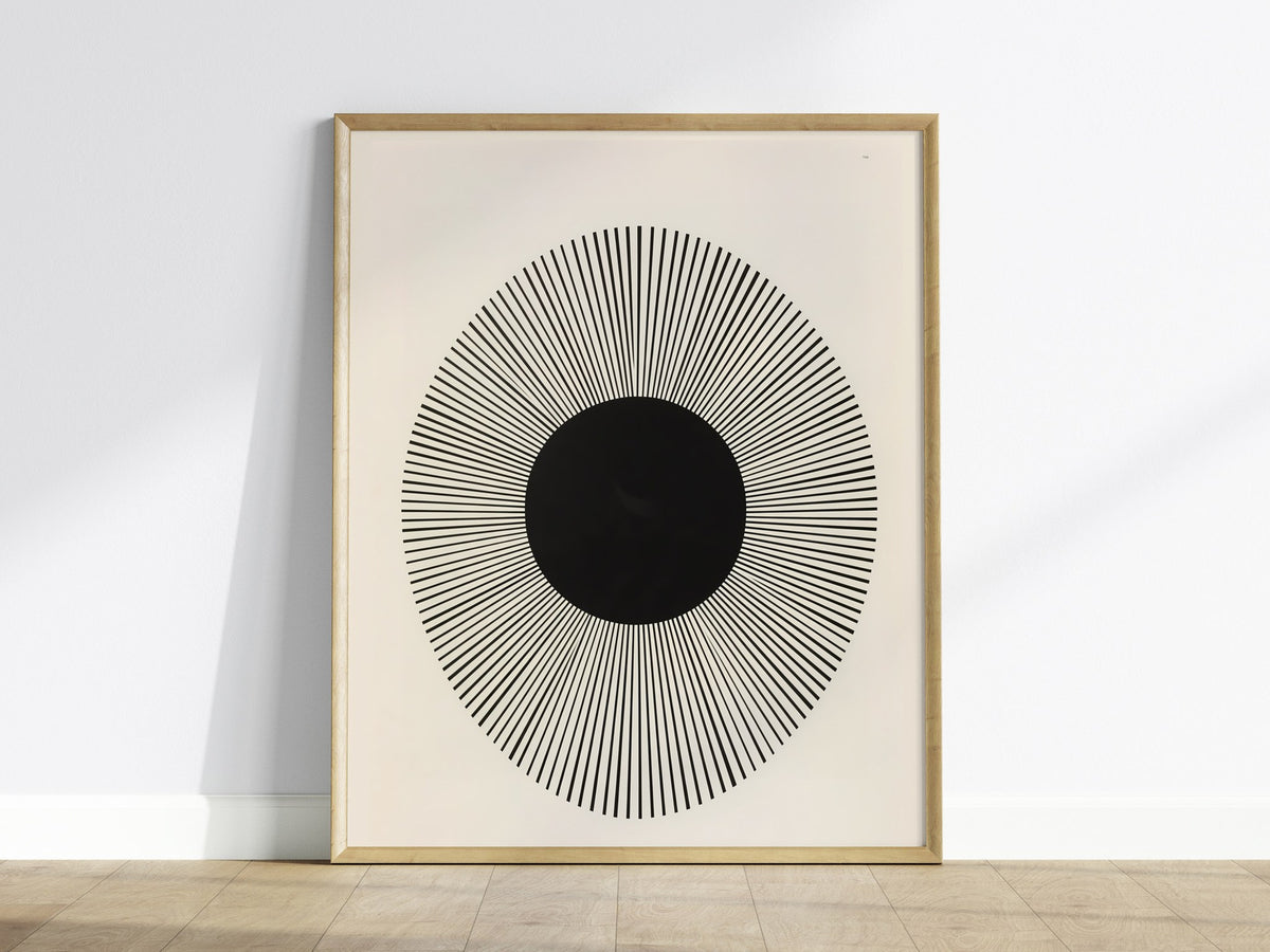 Happy Sun Poster | Black and White Minimalism Art Print | Kids Room Wall Art — framed print on the wall