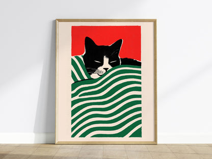 Cat Under Striped Blanket Poster | Green and Red Screen Print Art Print | Cat Lover Wall Art — framed print on the wall