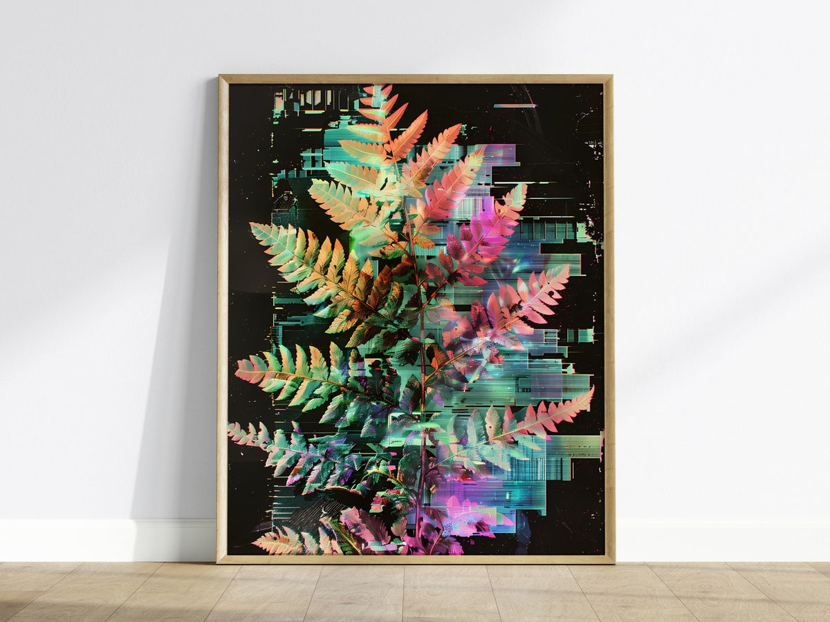 Glitch Fern Poster | Cyan and Magenta Abstract Art Print | Digital Art Wall Art — framed print on the wall
