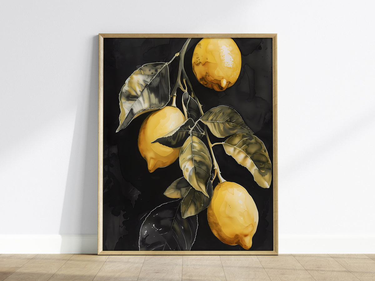 Three Lemons on Black Poster | Yellow and Black Japanese Watercolor Art Print | Kitchen Wall Art — framed print on the wall