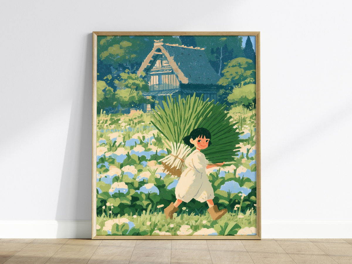 Harvest Walk Home Poster | Blue and Cream Illustrative Art Print | Cottagecore Wall Art — framed print on the wall