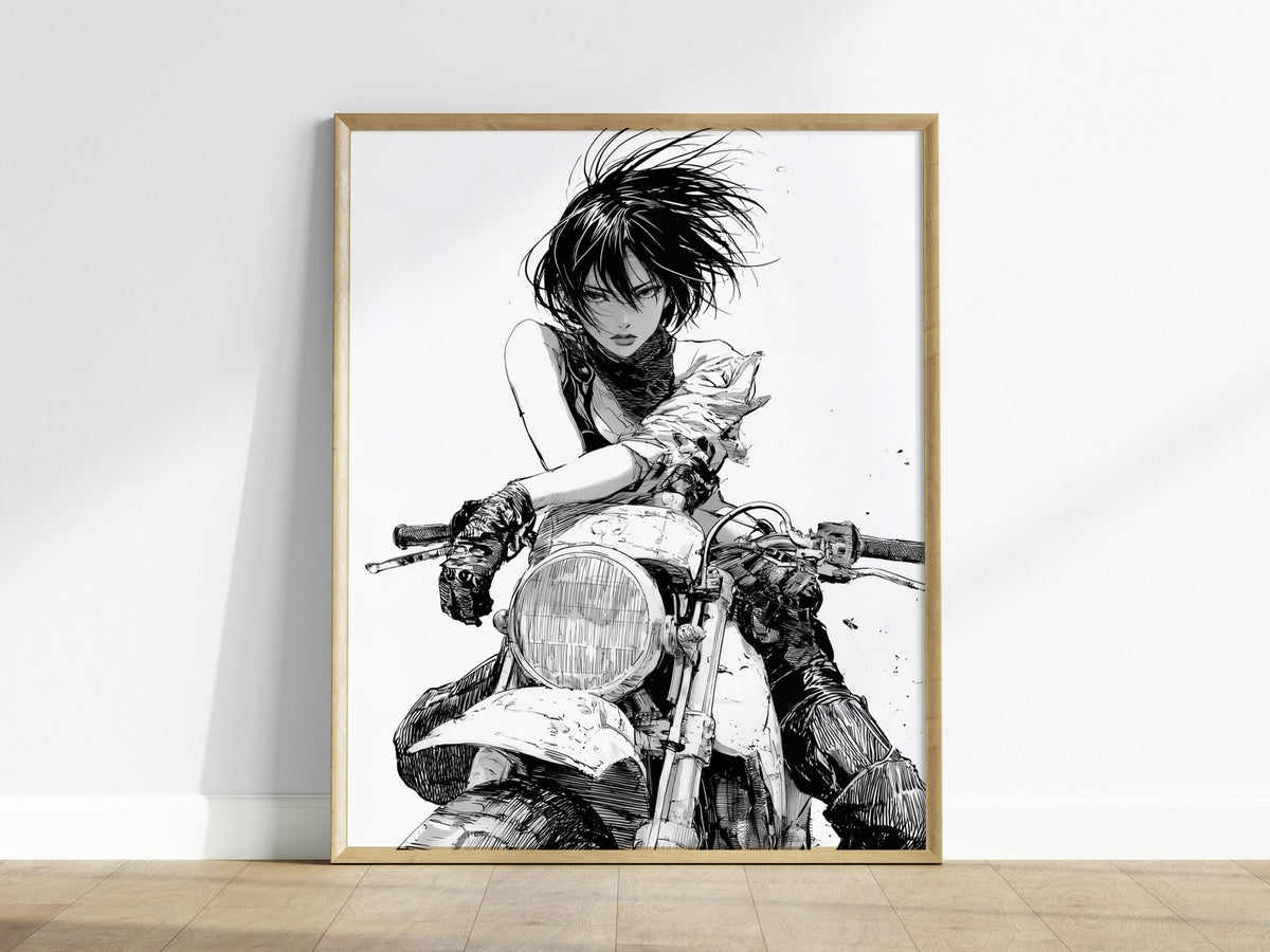 Rider Cuts Wind Poster | Black and White Pen and Ink Art Print | Moto Wall Art — framed print on the wall