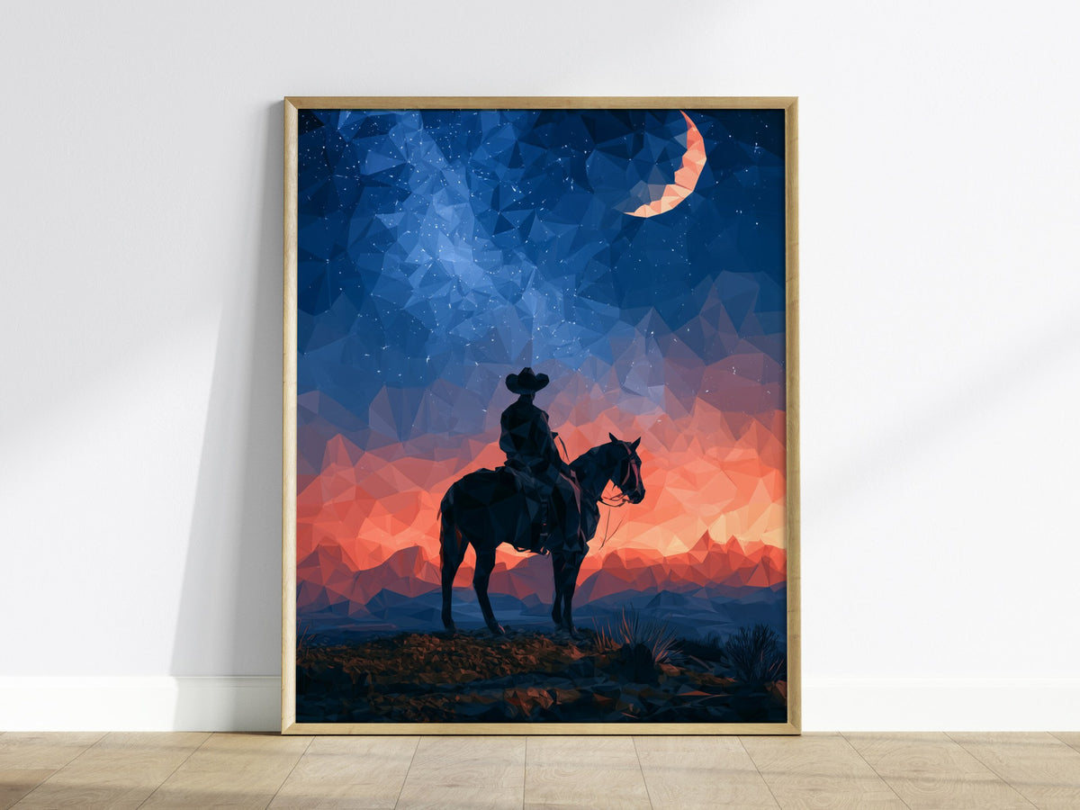 Cowboy Owns Night Poster | Deep Blue Low Poly Art Print | Western Modern Wall Art — framed print on the wall