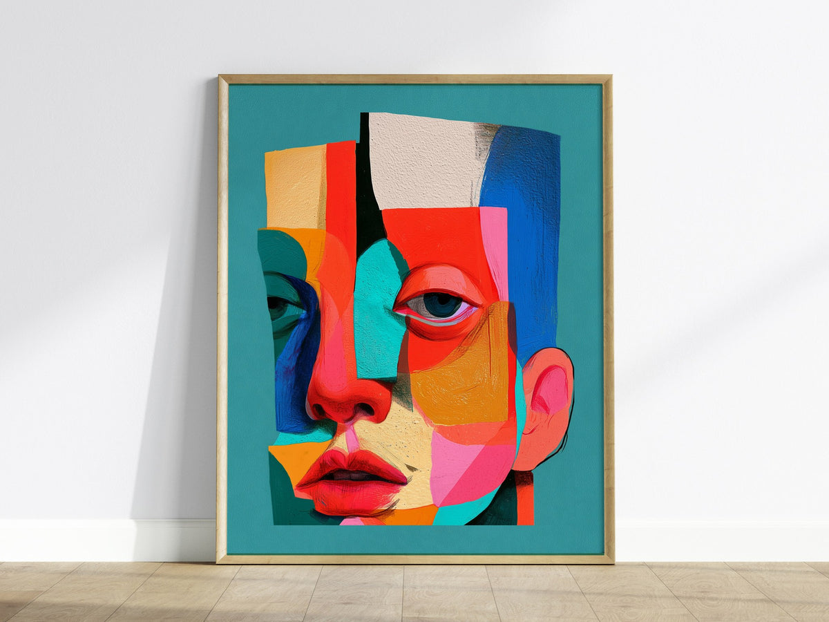 Split Face Mosaic Poster | Teal and Coral Illustrative Art Print | Modern Portrait Wall Art — framed print on the wall