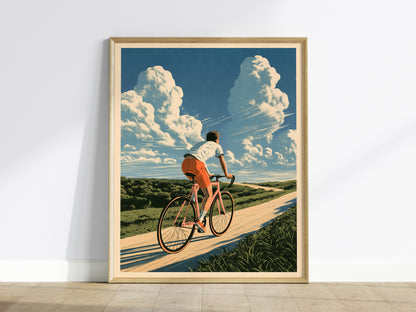 Cyclist Chases Horizon Poster | Blue and Orange Illustrative Art Print | Cycling Wall Art — framed print on the wall