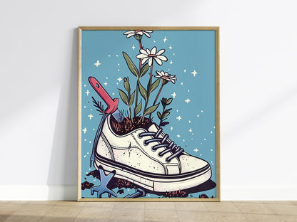Sneaker Garden Poster | Blue and Coral Illustrative Art Print | Plant Lover Wall Art — framed print on the wall