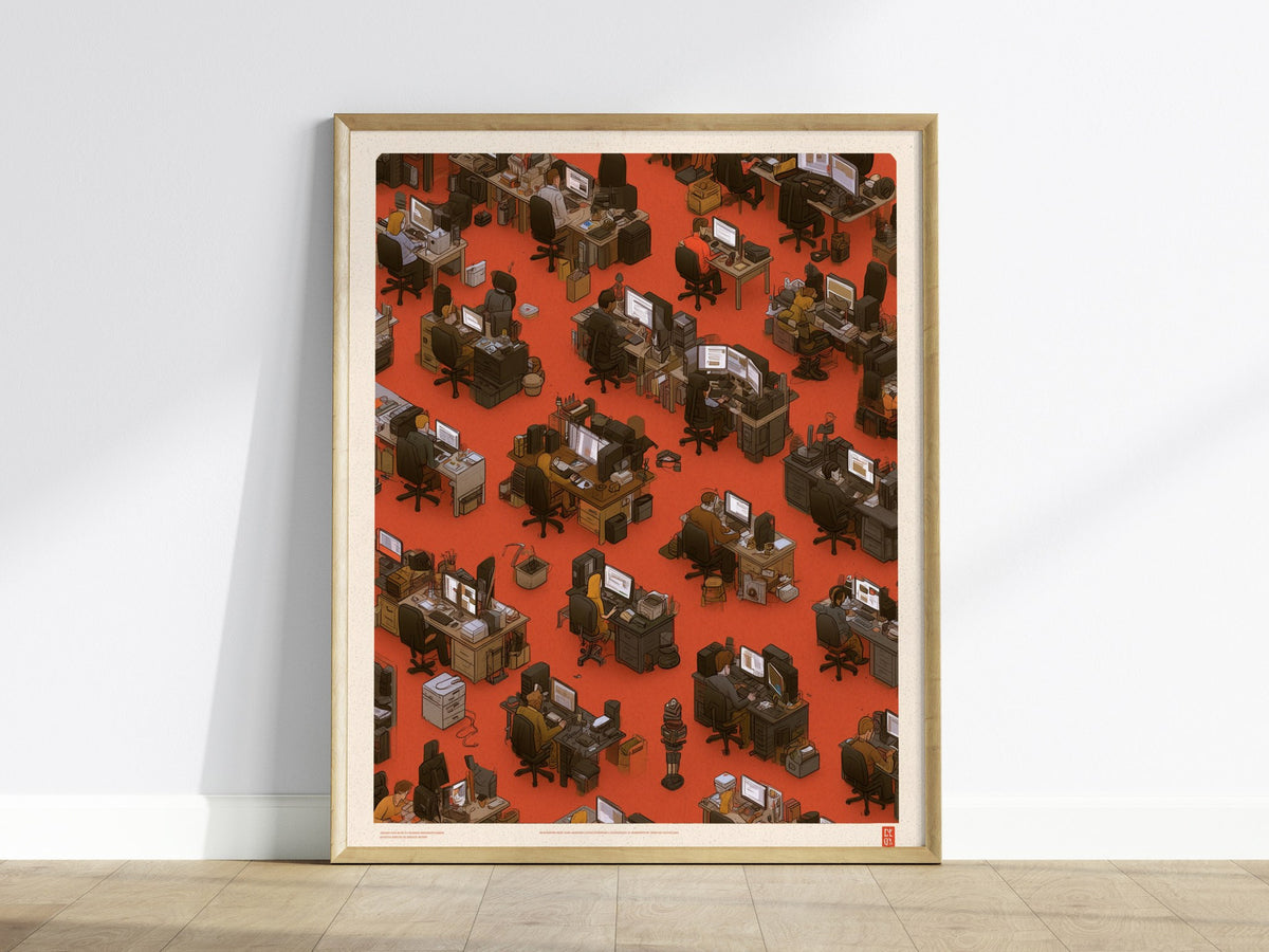 Five at Screens Poster | Orange and Pink Illustrative Art Print | Home Office Wall Art — framed print on the wall
