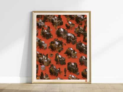 Five at Screens Poster | Orange and Pink Illustrative Art Print | Home Office Wall Art — framed print on the wall