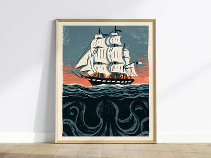 Kraken Under Sail Poster | Teal and Cream Illustrative Art Print | Nautical Folk Art Wall Art — framed print on the wall