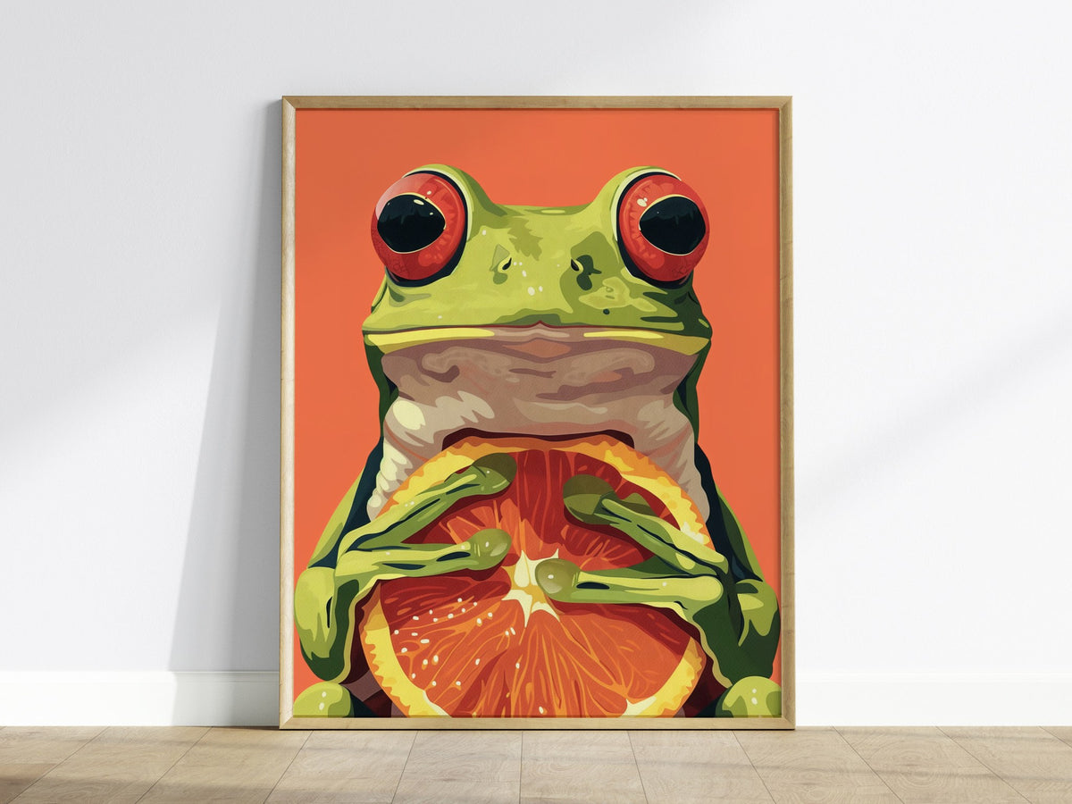 Frog with Orange Poster | Red and Green Flat Design Art Print | Kids Room Wall Art — framed print on the wall
