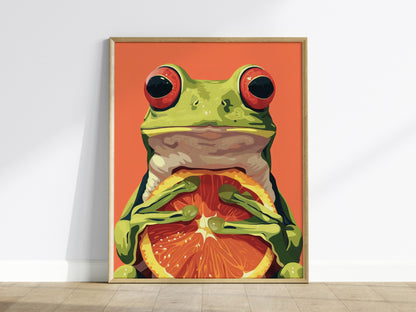 Frog with Orange Poster | Red and Green Flat Design Art Print | Kids Room Wall Art — framed print on the wall