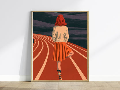 Athlete Reaches Skyward Poster | Rust and Orange Illustrative Art Print | Athletes Wall Art — framed print on the wall