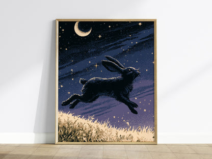 Hare Carries Night Poster | Indigo and Gold Pixel Art Print | Retro Gaming Wall Art — framed print on the wall