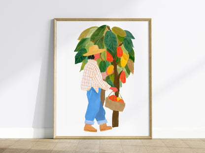 Cocoa Harvest Walk Poster | Illustrative Art Print — framed print on the wall