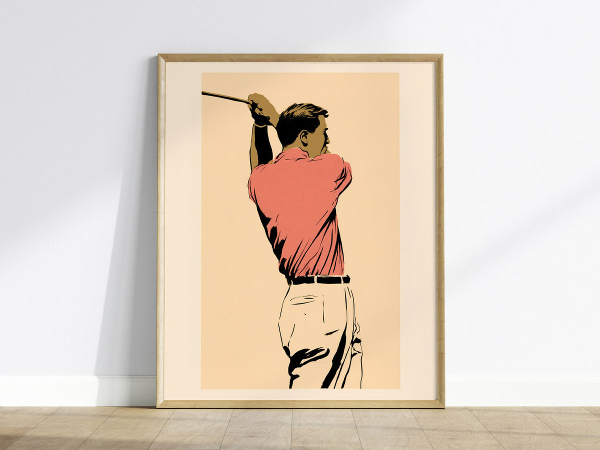Golfer in Follow Through Poster | Pink and Cream Illustrative Art Print | Golf Wall Art — framed print on the wall