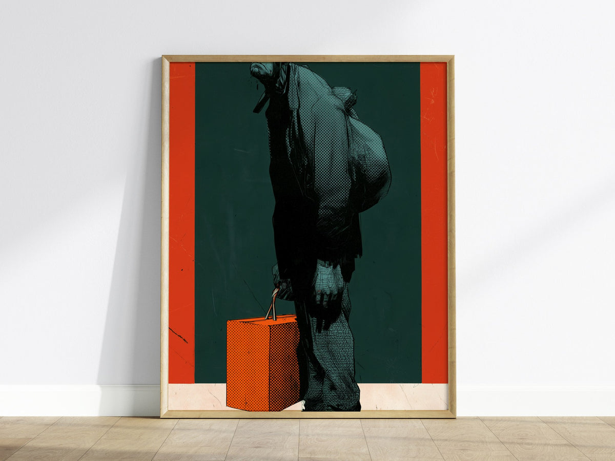 Courier Carries Weight Poster | Teal and Orange Screen Print Art Print | Dark Fantasy Wall Art — framed print on the wall