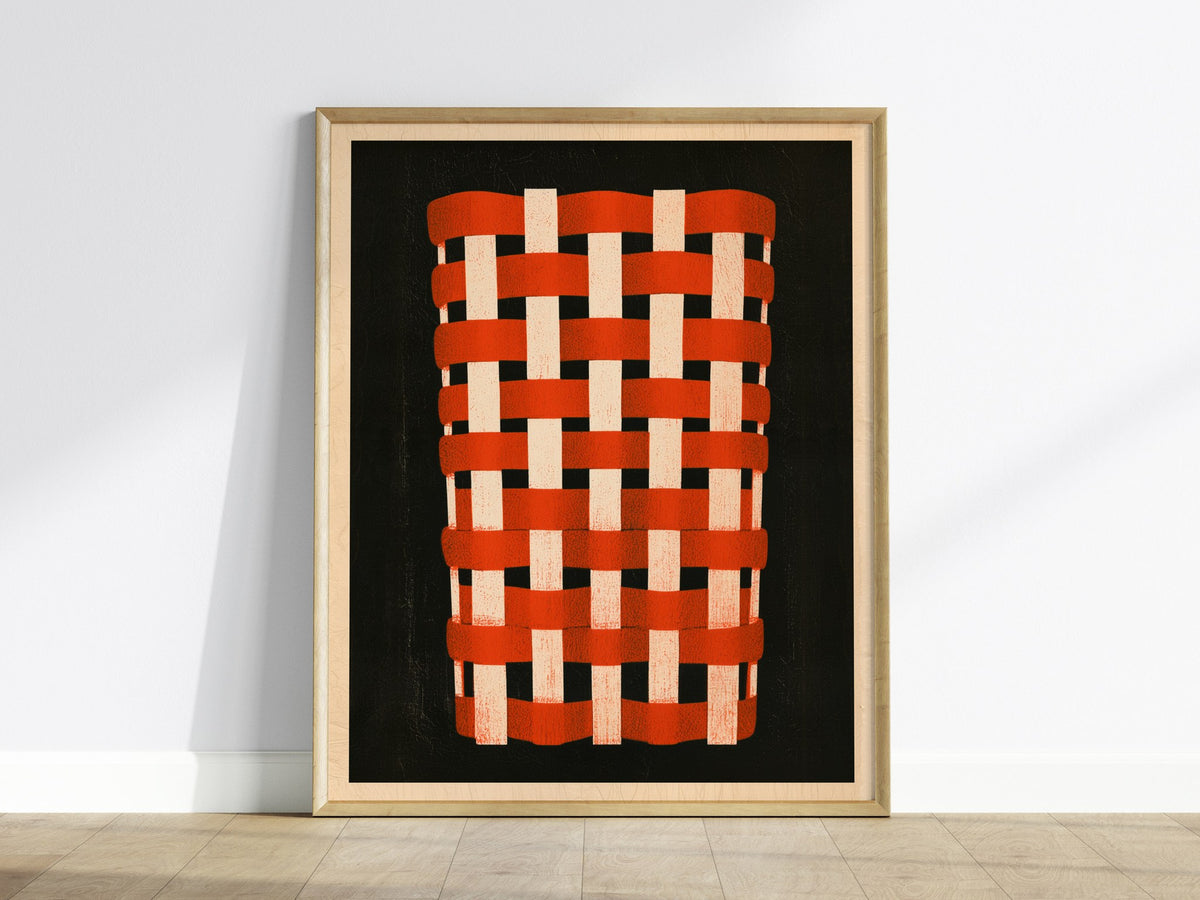 Woven Basket Icon Poster | Burnt Orange Screen Print Art Print | Kitchen Wall Art — framed print on the wall