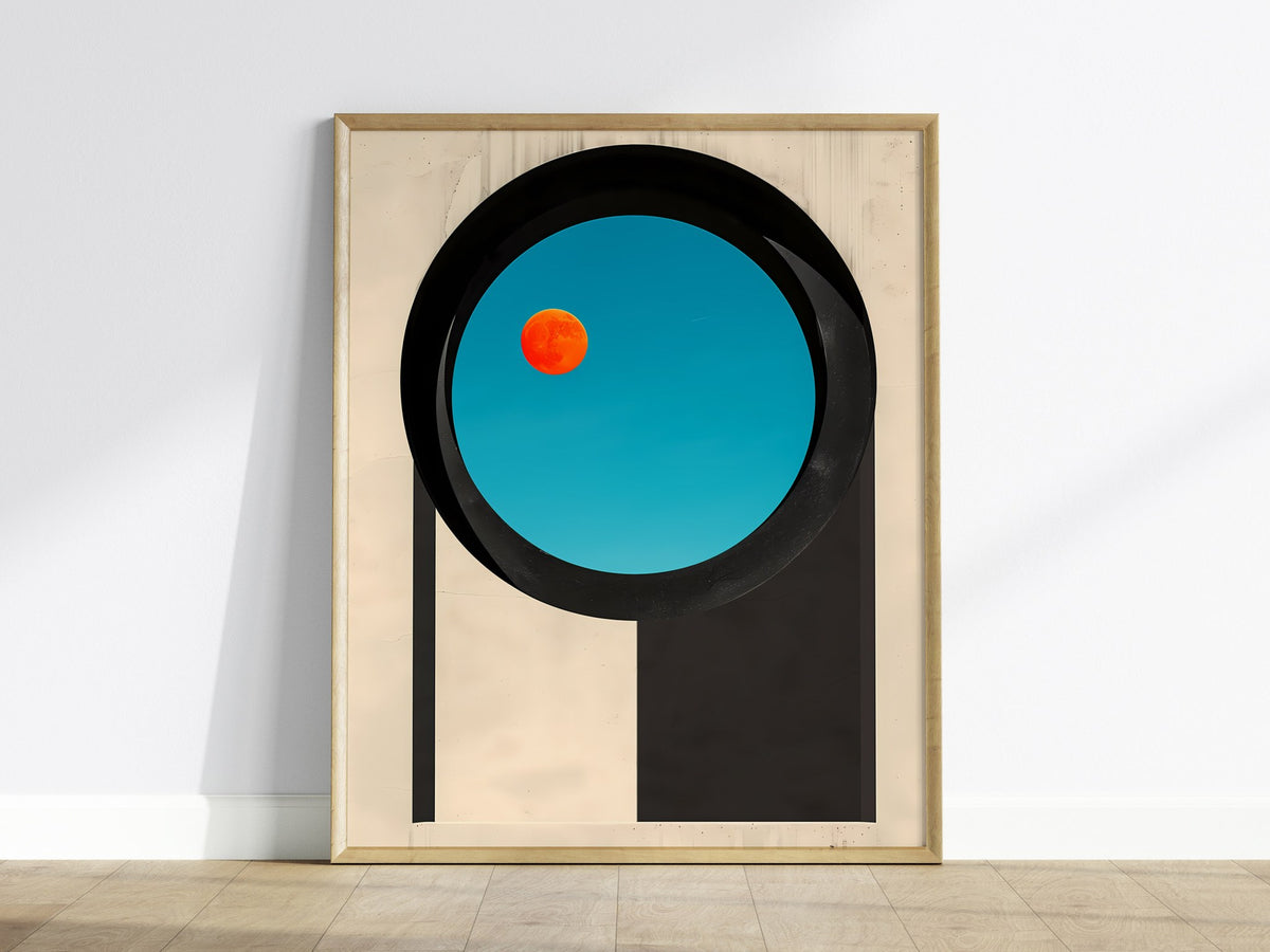 Circular Window Portal Poster | Cobalt and Orange Minimalism Art Print | Minimalist Wall Art — framed print on the wall