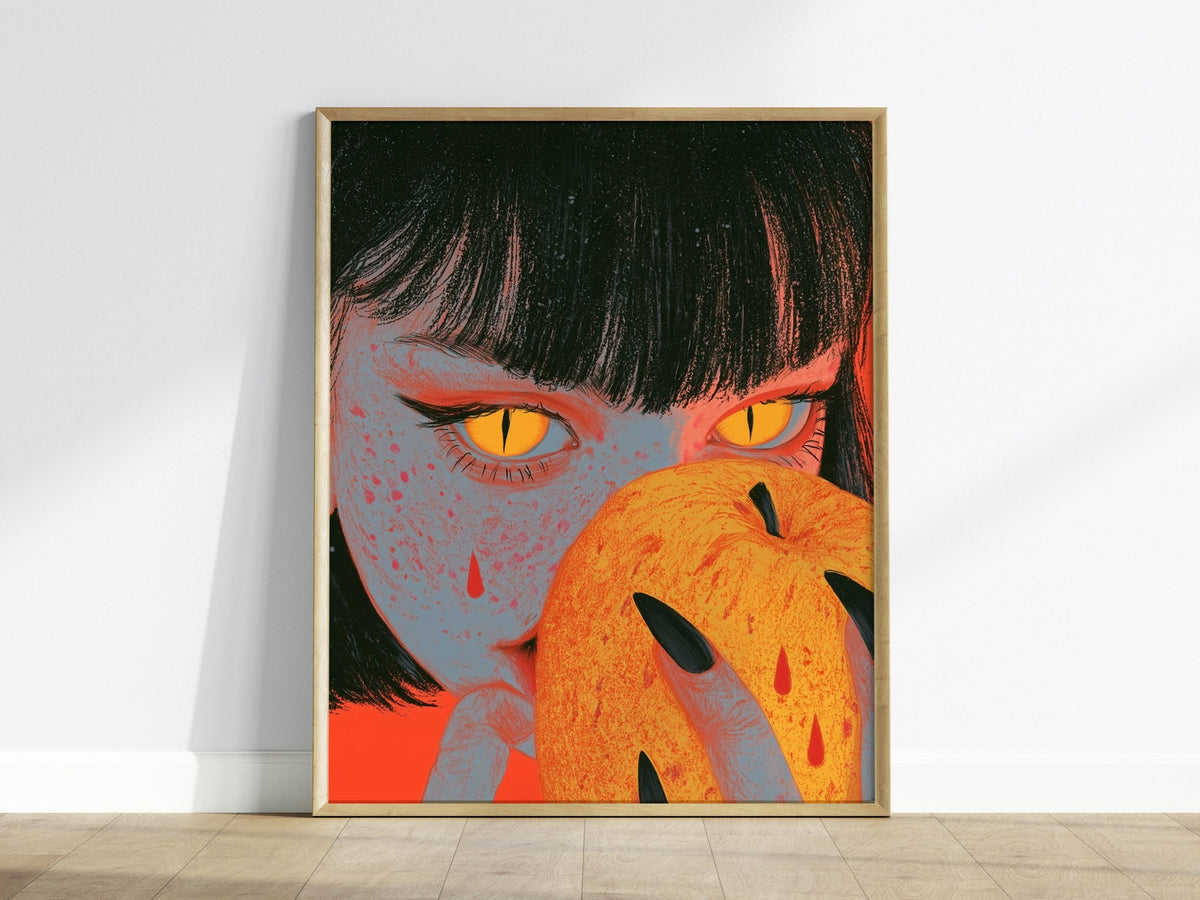 Devil Bites Apple Poster | Coral and Yellow Illustrative Art Print | Dark Fantasy Wall Art — framed print on the wall