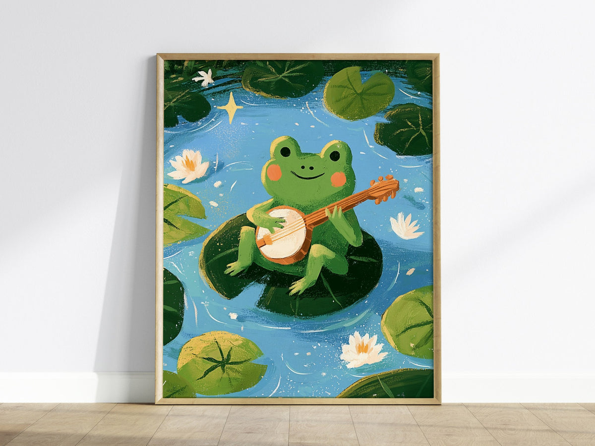 Frog Plays Banjo Poster | Lime and Teal Cute Art Print | Kids Room Wall Art — framed print on the wall