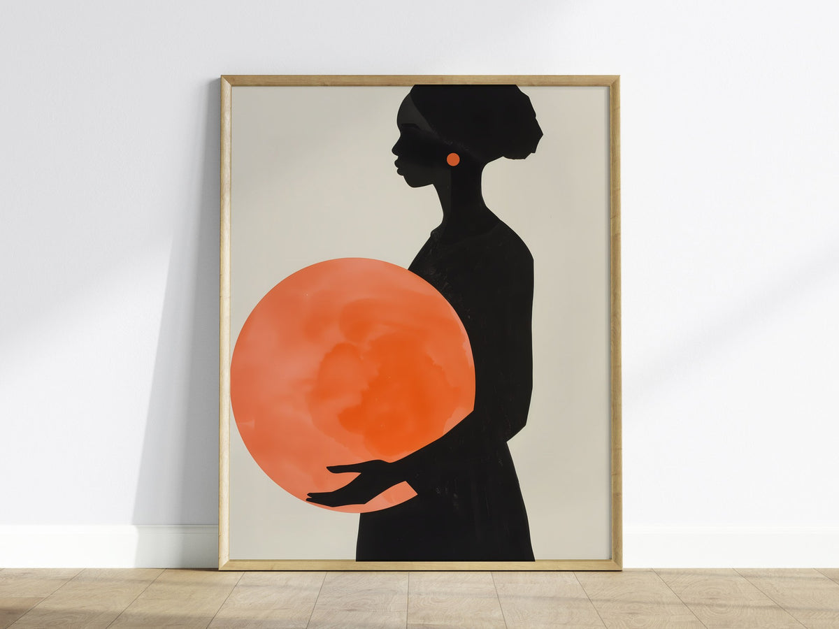 Woman with Orange Sphere Poster | Coral and Black Minimalism Art Print | Minimalist Wall Art — framed print on the wall