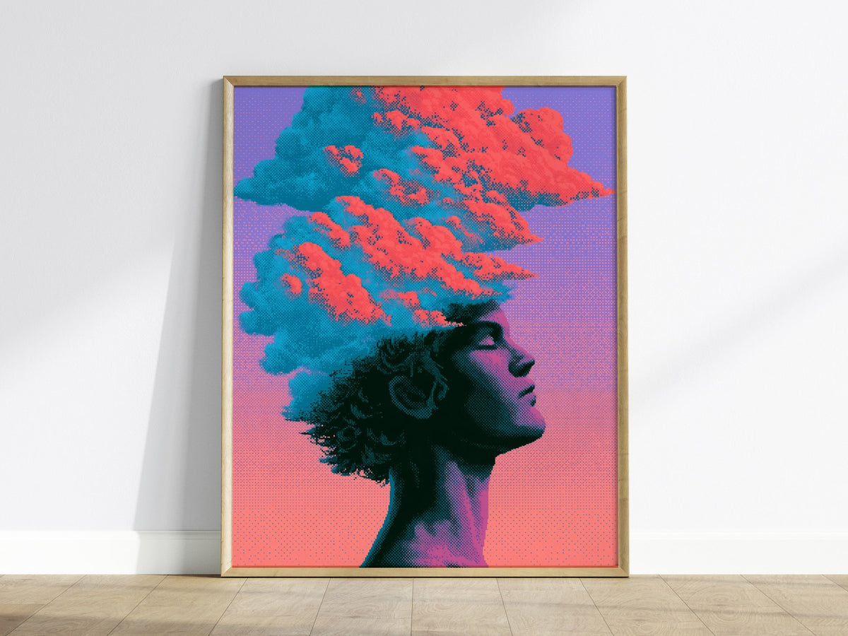 Cloud Mind Floats Poster | Coral and Turquoise Pixel Art Print | Retro Gaming Wall Art — framed print on the wall