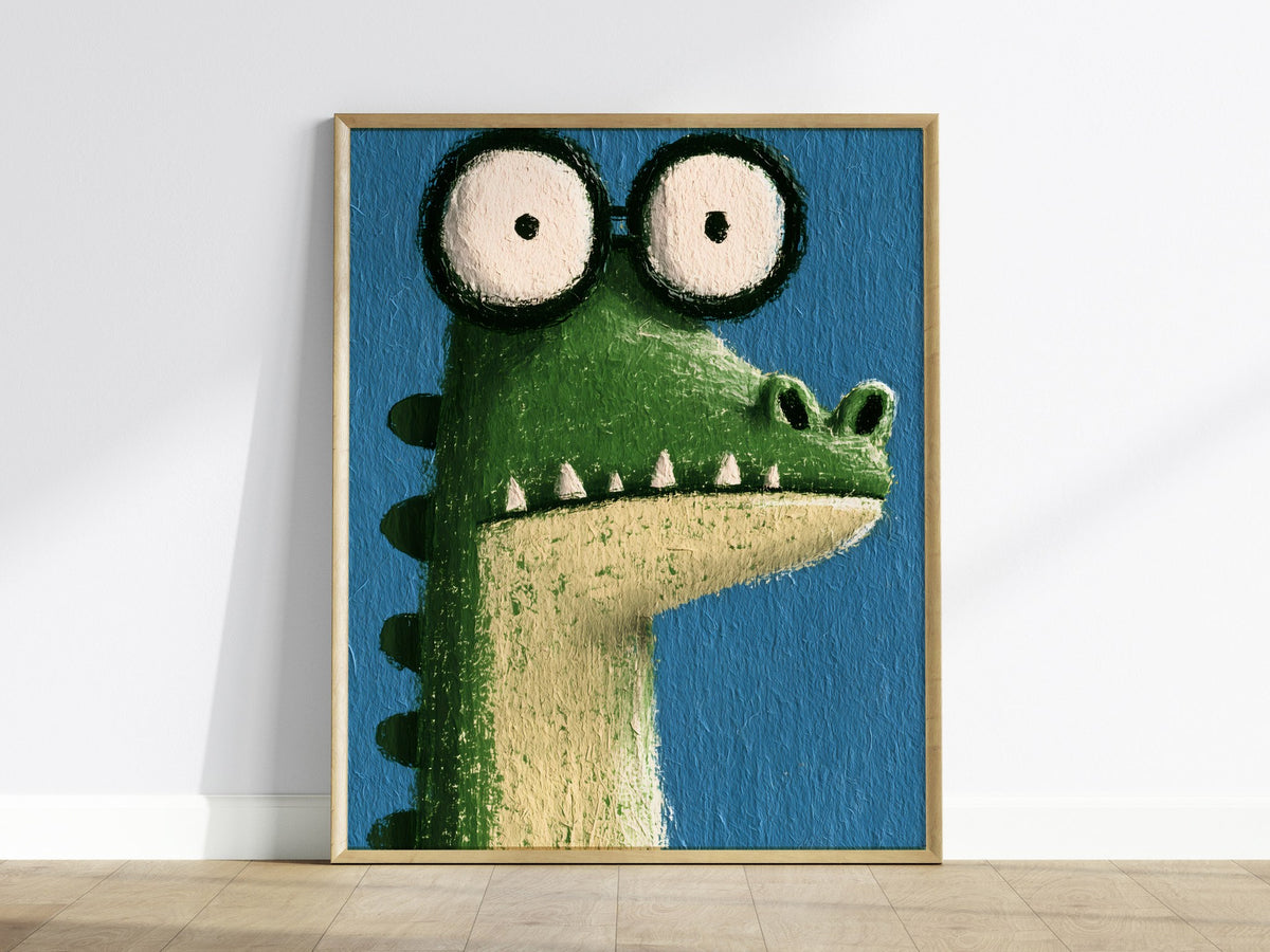 Wide-eyed Crocodile Poster | Green and Cobalt Illustrative Art Print | Kids Room Wall Art — framed print on the wall