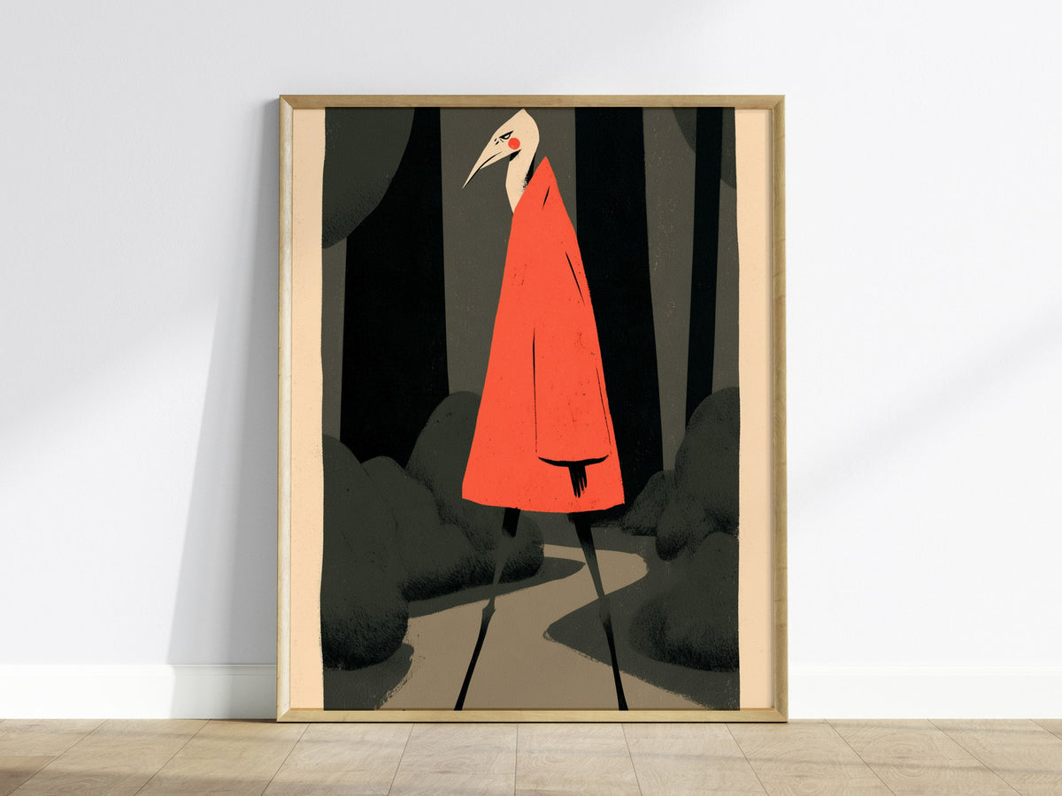 Heron Walks Alone Poster | Coral and Forest Illustrative Art Print | Surreal Wall Art — framed print on the wall
