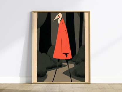 Heron Walks Alone Poster | Coral and Forest Illustrative Art Print | Surreal Wall Art — framed print on the wall