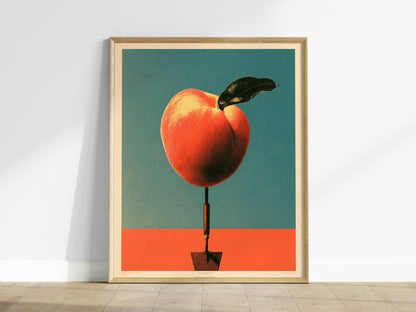 Trowel and Peach Poster | Teal and Orange Screen Print Art Print | Kitchen Wall Art — framed print on the wall