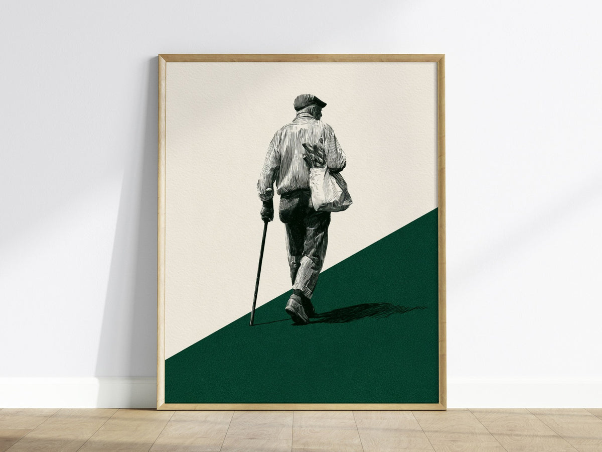 Walking with Bread Poster | Cream and Forest Pen and Ink Art Print | Minimalist Wall Art — framed print on the wall
