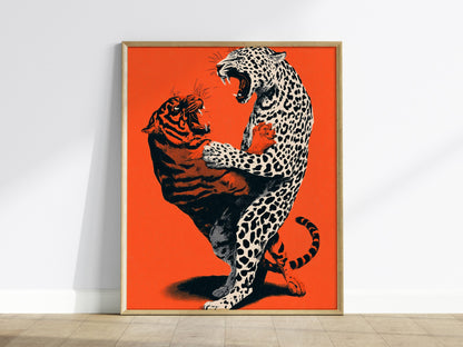 Leopard Battles Tiger Poster | Vermilion and Black Screen Print Art Print | Dark Fantasy Wall Art — framed print on the wall