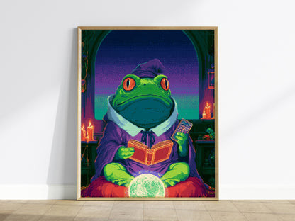 Frog Sees Fortune Poster | Purple and Teal Pixel Art Print | Dark Fantasy Wall Art — framed print on the wall