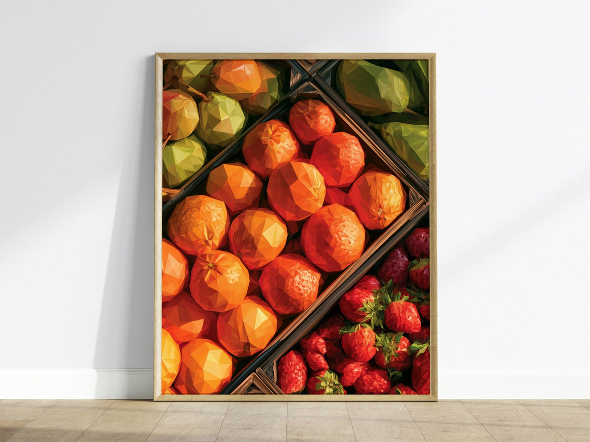 Fruit Stand Overhead Poster | Bold Citrus Low Poly Art Print | Kitchen Wall Art — framed print on the wall