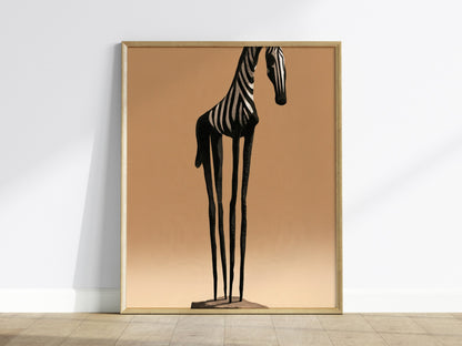 Iron Zebra Stands Poster | Black and Tan Illustrative Art Print | Minimalist Wall Art — framed print on the wall