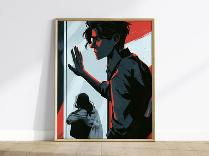 glass-divide Poster | Amber and Teal Illustrative Art Print | Dark Academia Wall Art — framed print on the wall