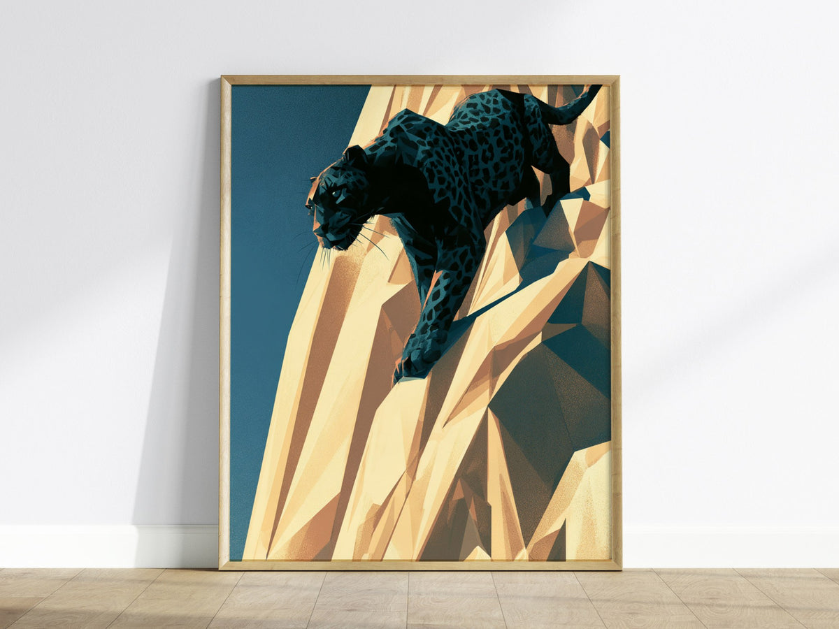 Panther Climbs Noon Poster | Teal and Black Low Poly Art Print | Dark Fantasy Wall Art — framed print on the wall