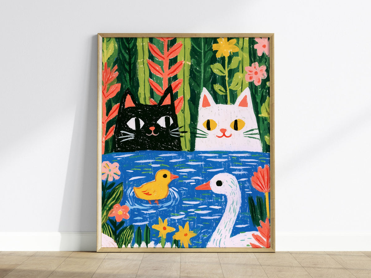 Forest Pond Companions Poster | Forest Green Illustrative Art Print | Kids Room Wall Art — framed print on the wall