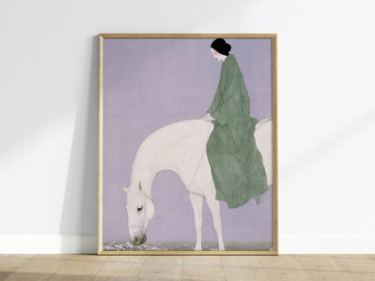 Lady Rides White Poster | Sage and Cream Japanese Watercolor Art Print | Minimalist Wall Art — framed print on the wall
