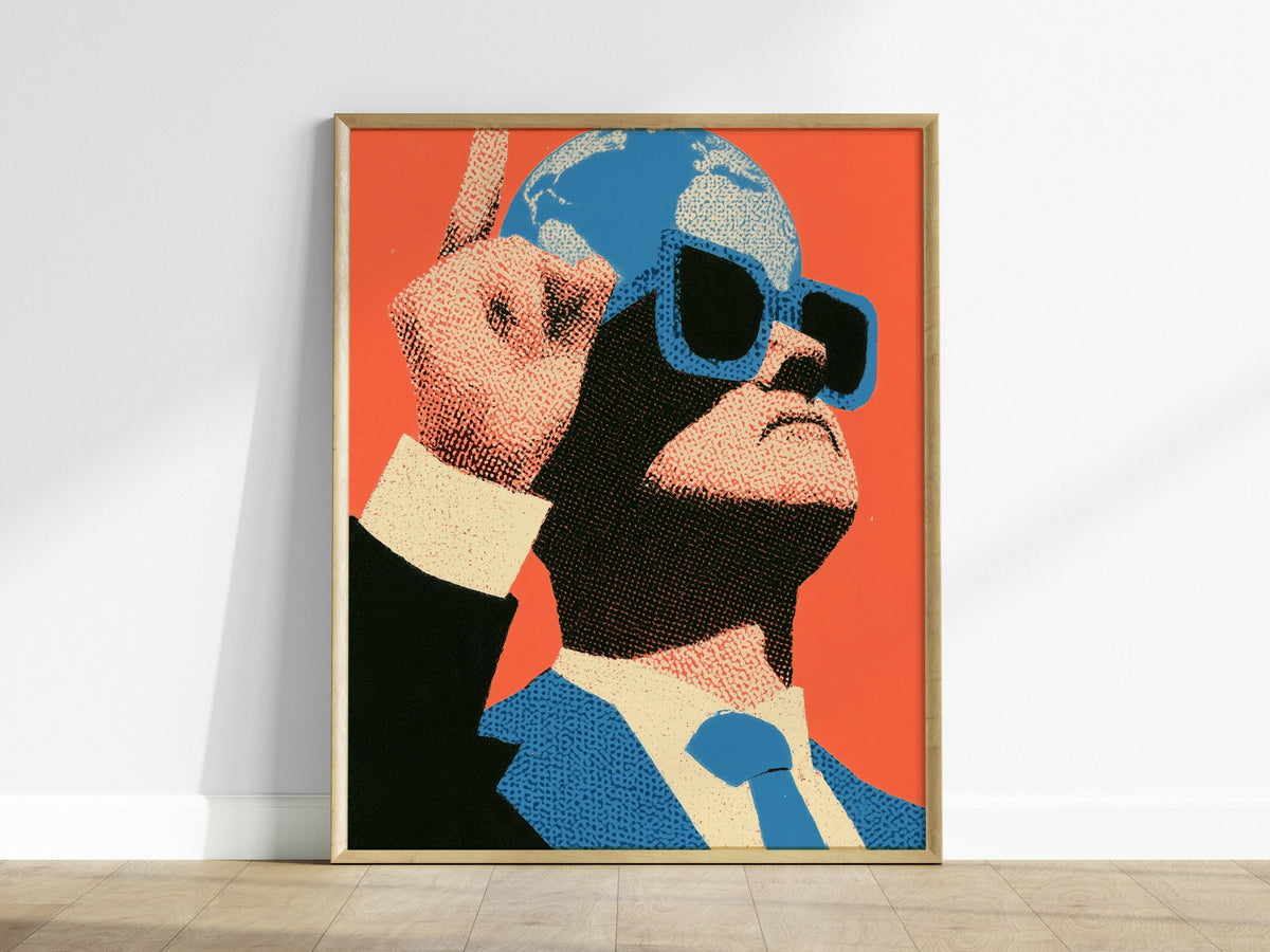 Globe Head Points Up Poster | Coral and Blue Screen Print Art Print | Contemporary Wall Art — framed print on the wall